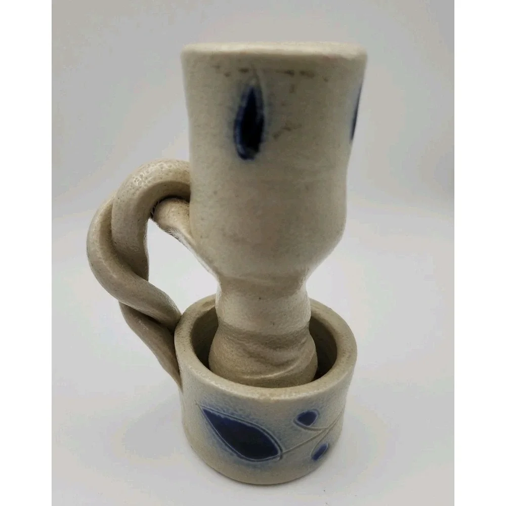 Vintage Hand-Carved Williamsburg Pottery Cobalt Salt Glazed Candle Holder 4
